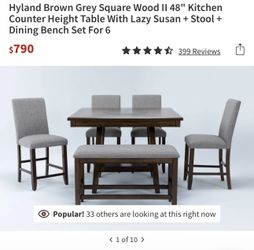 Dining Table Set. Hyland Brown Grey Square Wood II 48" Kitchen Counter Height Table With Lazy Susan + 3 Stool + Dining Bench 