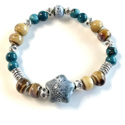 Blue Star Bracelet tan teal silver accents Ceramic Beaded Stretchy