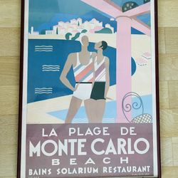 Vintage Antique Stylish Piece of Art. Pastel tones. “La Plage de Monte Carlo”. Great bargain. 31.5” x 45”. Like new condition.