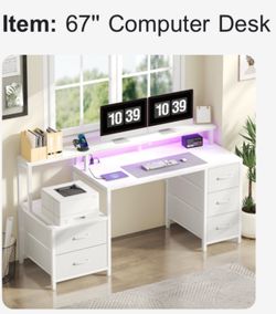 67'' Computer Desk with 5 Drawer, Printer Cabinet and Power Outlet