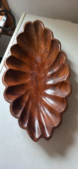 Vtg Hand Carved Wooden Leaf Bowl Serving Tray Rustic Hardwood Decor 13”