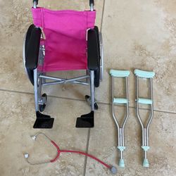Dolls Pink Folding Wheelchair For 18” Dolls Crutches