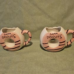 Donuts Shaped Ceramic Mugs Set of 2 Pink Brown White Pink Painted- Cute & Fun 