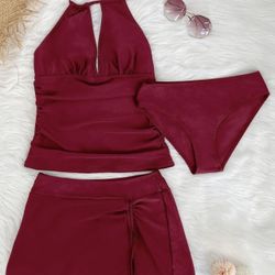 Women 3 Piece Tankini Swimsuits Halter Tummy Control Bathing Suits with Bikini Bottom Skirt