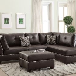 Brand New Espresso Leather Sectional Sofa w Ottoman 