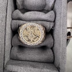 14K SOLID YELLOW GOLD RING WITH PESO COIN AND CZ DIAMONDS