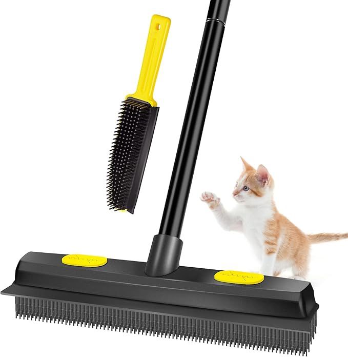 Pet Hair Removal Broom Rubber Broom, Carpet Rake Fur Remover Broom with Squeegee and Telescoping Handle, Portable Lint Remover, Dog and Cat Hair Remov