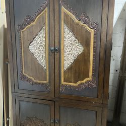 Solid Wood Hand-Carved Armoire Cabinet – Rustic Boho Design