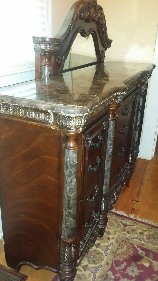 Marble top dresser with mirror ,two nightstands and armoire for Sale in