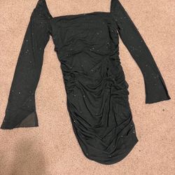 New large black sheer ruched glitter long sleeve short stretchy dress cocktail