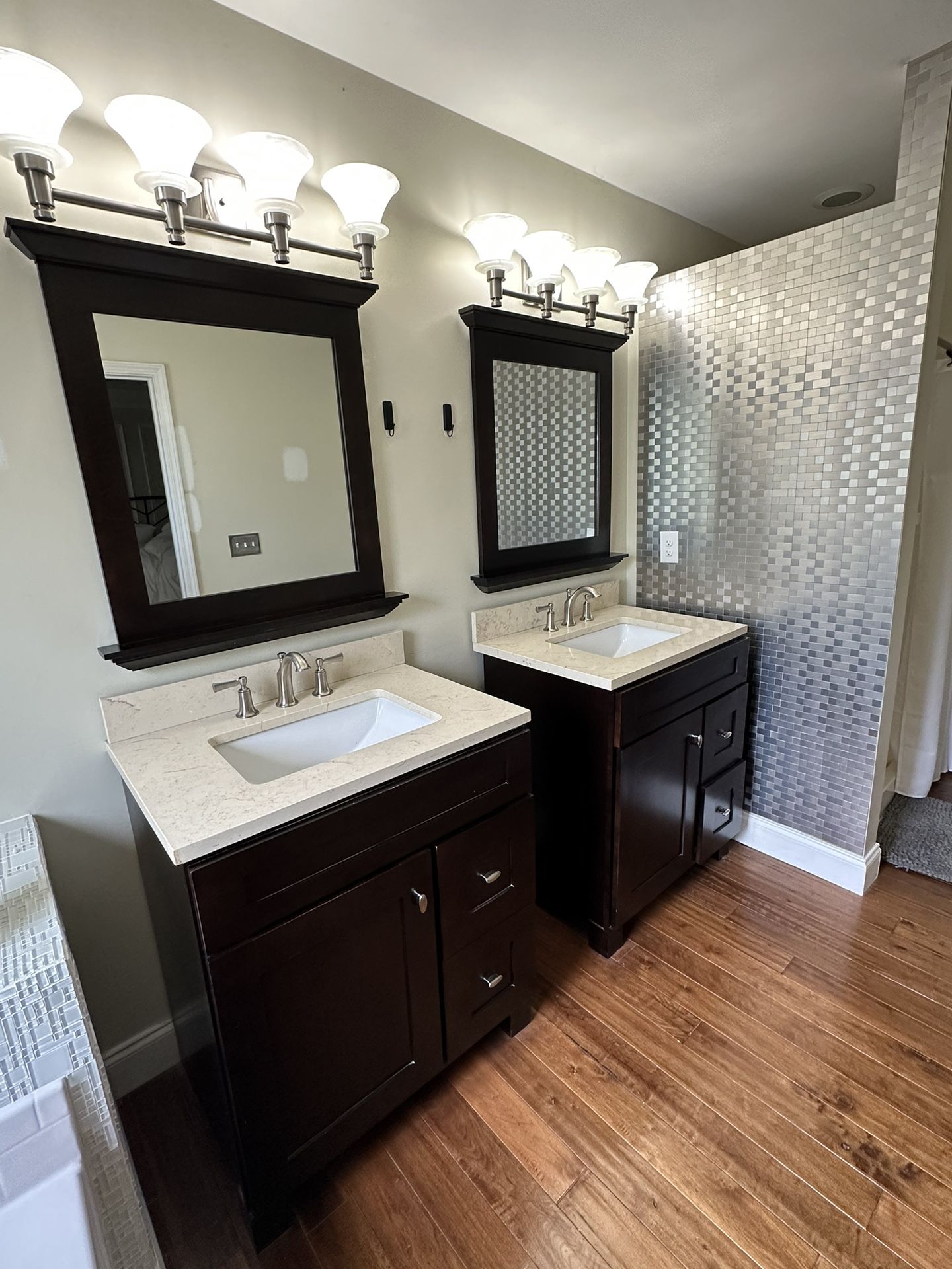 Two Vanities, Two Mirrors, & Two Light Fixtures