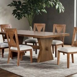Brand New Rustic Oak & Beige 7pc Formal Dining Table Set 