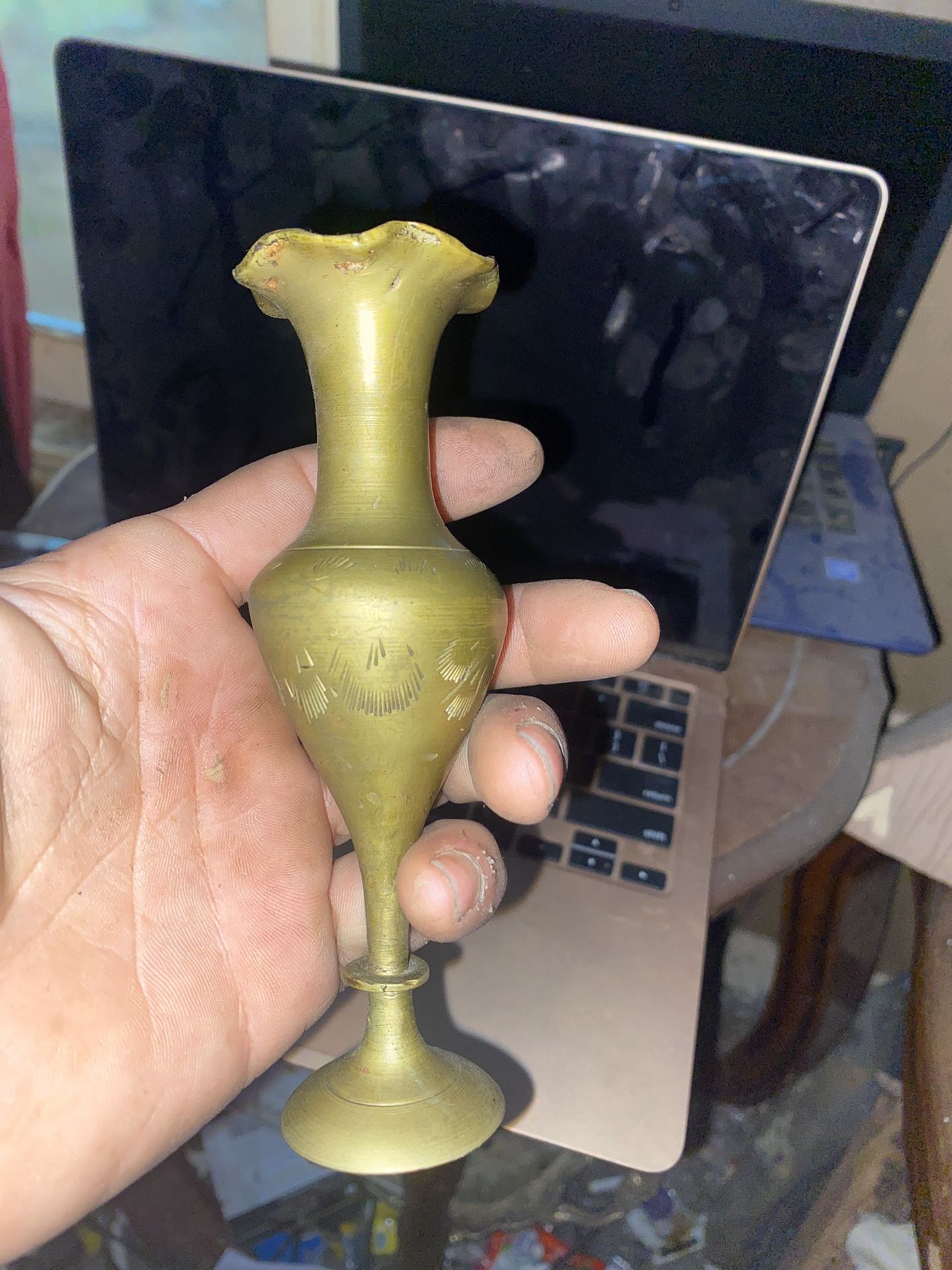 Antique Brass Flower Spindle Vase Engraved Design made in India ONE OF KIND