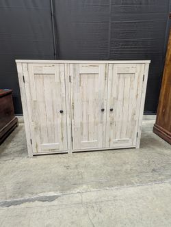 Distressed White Plank Wood Storage Cabinet