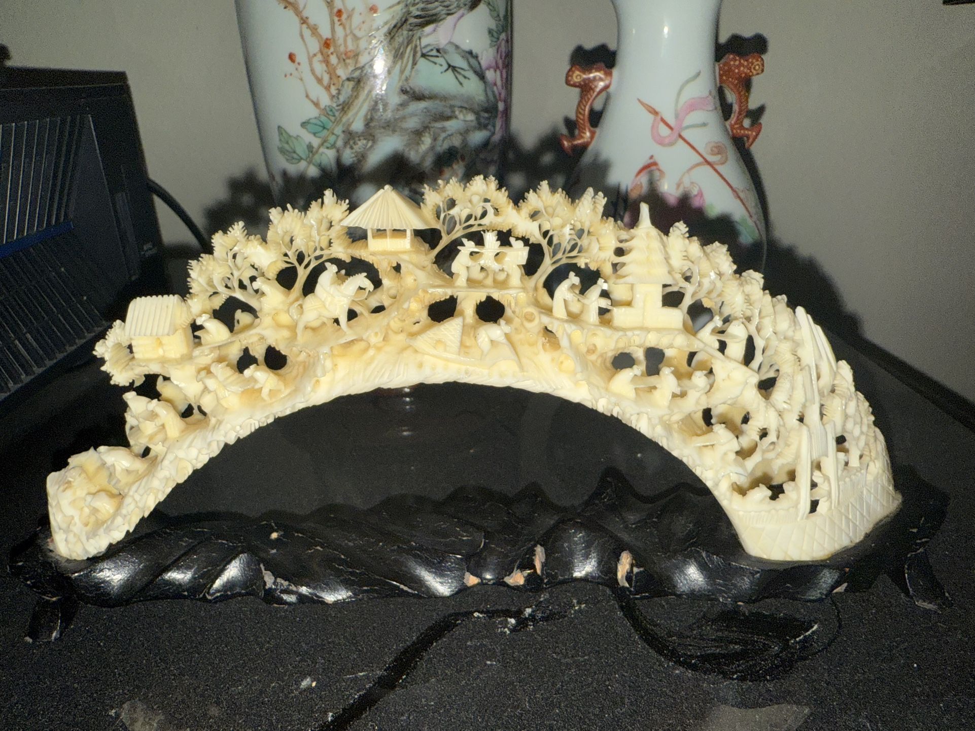 Antique Carved Bone Asian Landscape Artwork Decoration
