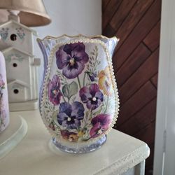 Hand designed decoupaged purple glass with pansies