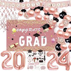 BRAND NEW Rose Gold Graduation Party Supplies Including Grad Banner, Graduation Backdrop, Hanging Swirls, Grad Balloons Garland Kit &Photo Booth Props