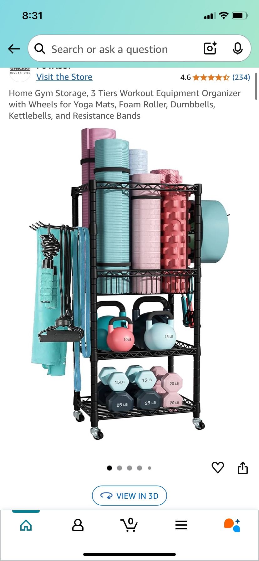 Brand new Home Gym Storage, 3 Tiers Workout Equipment Organizer with Wheels for Yoga Mats