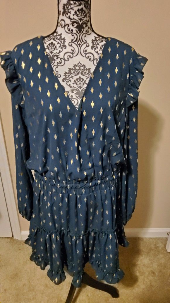 Adrienne Hunter Teal Ruffle Gold Diamond Accent Dress Size 3XL