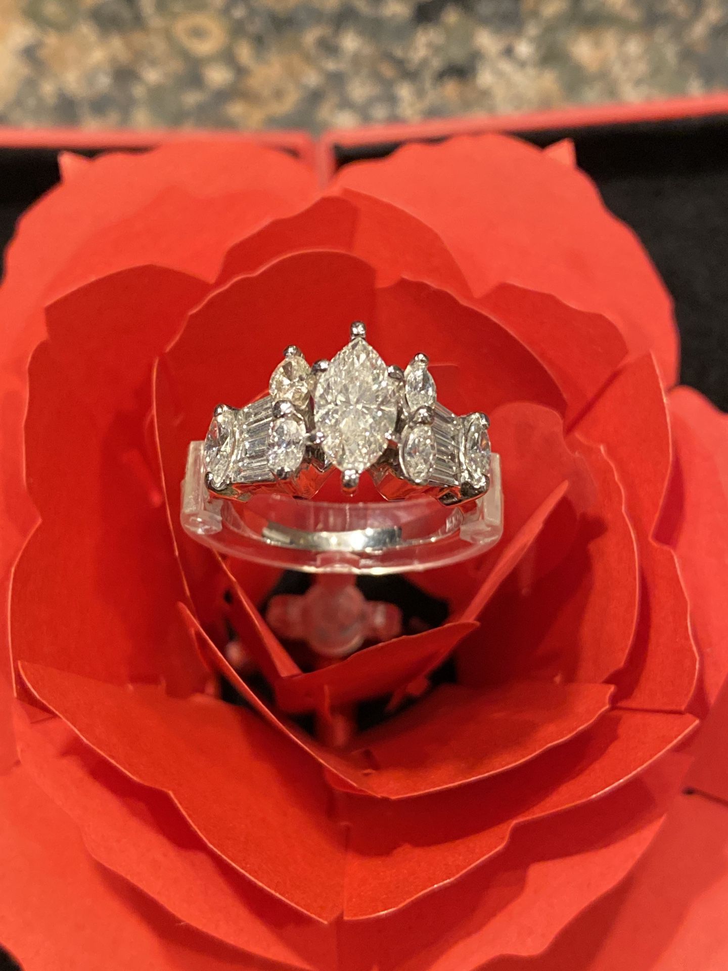 Beautiful 14kt white gold, 3 kt. Marquise Diamond Engagement Ring.