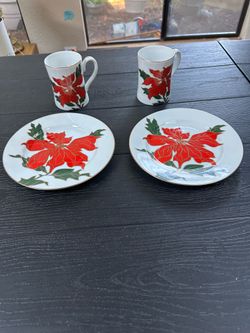 Vintage Fitz & Floyd ‘Cloissonne Poinsettia’ 2 Mugs and 2 Plates Set (4 Pieces)