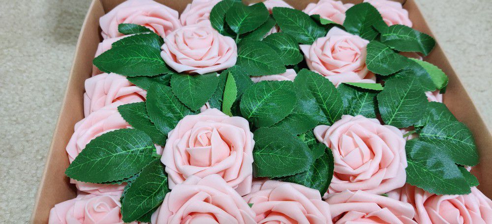 Artificial Flowers Real Touch Foam Pink Fake Roses 50Pcs with Stems for DIY Wedding Bouquets Bridal Shower Centerpieces Floral Arrangements Party 