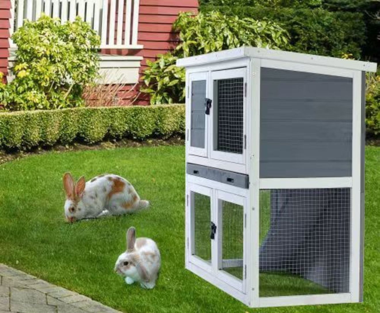 Rabbit Hutch Double-Tier Animal Cage with Flip-up Roof, Indoor & Outdoor Use