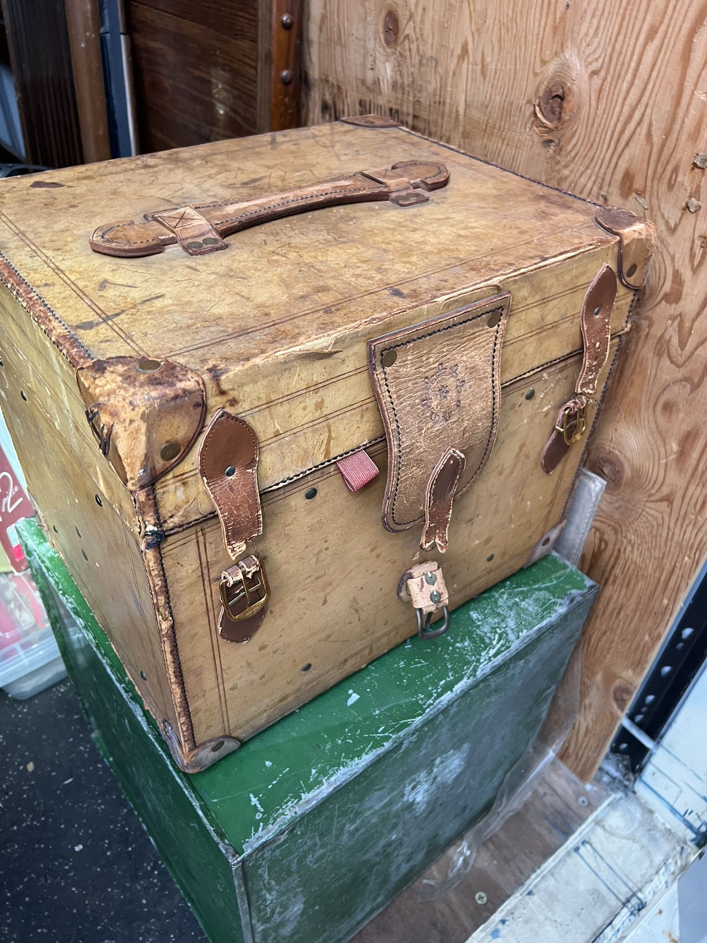Vintage Antique Leather Chest Luggage Suitcase