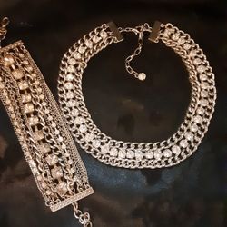 Silvertone Chain And Rhinestone Necklace & Multi-Strand  Bracelet