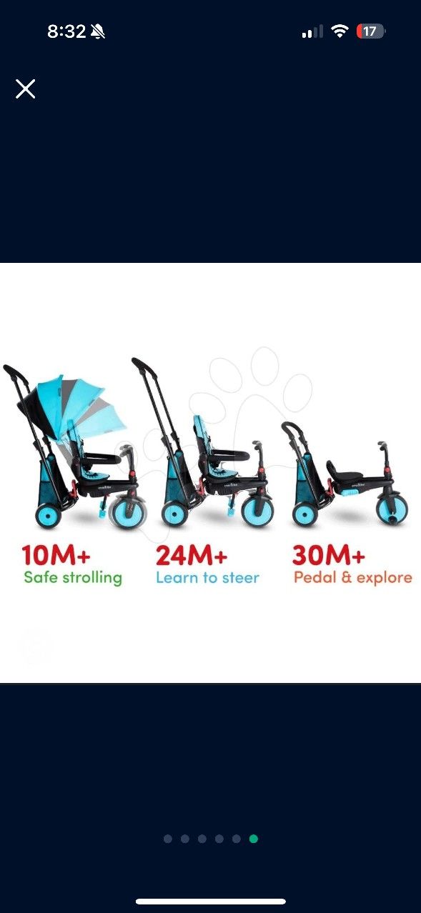 SmarTrike 4.6
4.6 out of 5 stars
(772)
Baby tricycle, tricycle 6 in 1 for children with adjustable thrust handle, removable canopy, safety harness 
