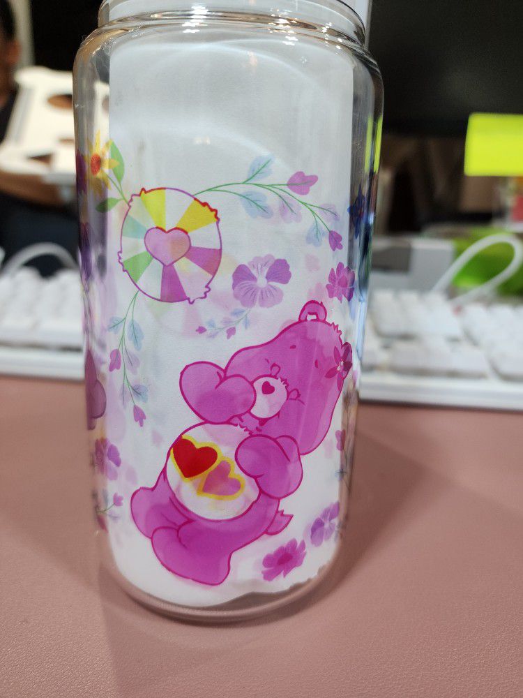 Care Bears Sublimated Clear Glass 16oz  With Bamboo Lid And Straw