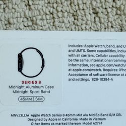 Apple Watch Series 8 45mm Midnight Aluminum Case with Sport Band, S/M 