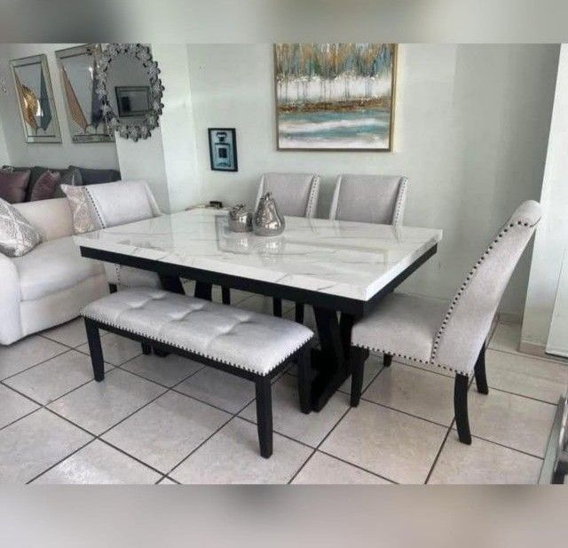6 Piece faux marble top dining table set 