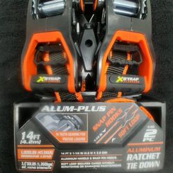 NEW "XSTRAP ALLUM PLUS" 2 PIECE  RACHETE TIE DOWN STRAPS 14 FT IN LENGTH 2 PIECE