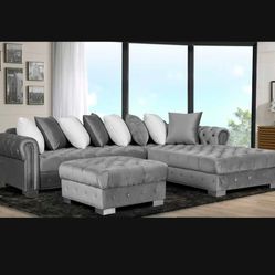 Grey Velvet Sectional Sofa Tufted New 