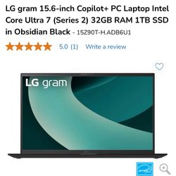 LG gram 15.6-inch Copilot+ PC Laptop Intel Core Ultra 7 (Series 2) 32GB RAM 1TB SSD in Obsidian Black
