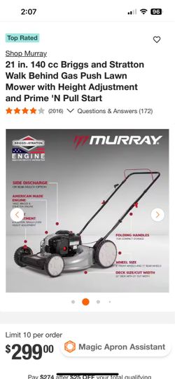 Shop Murray. 21 in. 140 cc Briggs and Stratton Walk Behind Gas Push Lawn Mower with Height Adjustment and Prime 'N Pull Start