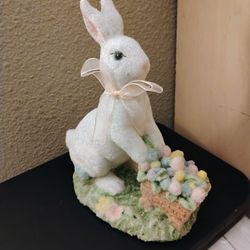 Vintage Frosty Easter Bunny Pushing Cart Of Eggs Ornament Figurine 