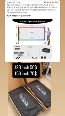 120inch 150 inch Projector Screen with Stand, USB String Lights Connection 16:9 4K HD Portable Movie Screen Indoor Outdoor,Wrinkle-Free Foldable Proje