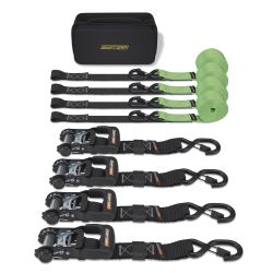 New Swift Grip Ratchet Strap Heavy Duty Tie Downs Kit, (4) 3,604 lbs break strength, 1.5” x 8’ with carry case, Integrated Soft Loops, Multiple colors