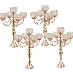 Tioncy Pack of 4 Gold Crystal Candle Holders 5 Arms Candelabra Centerpiece for Wedding Dinning Table Decoration,Anniversary Formal Event 