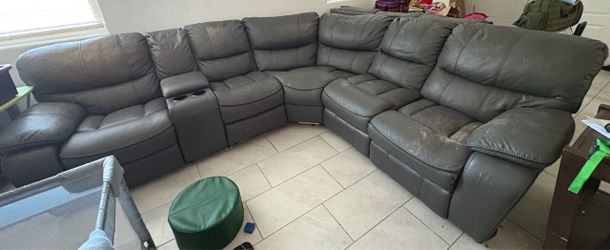 Gray Leather Sectional Sofa with Recliners