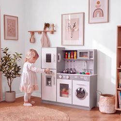 Play Kitchen for Kids, Wooden Chef Pretend Toy Kitchen w/Washing Machine, Water Dispenser, Stove, Real Sound & Light, Telephone, Range Hood, Oven, Sin