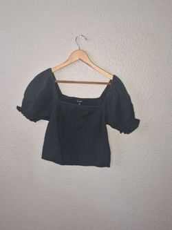 Madewell Dark Green Puff Sleeve Smocked Back Square Neck Top Small Textured