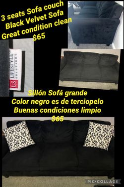 Black velvet sofa couch great condition clean for $65