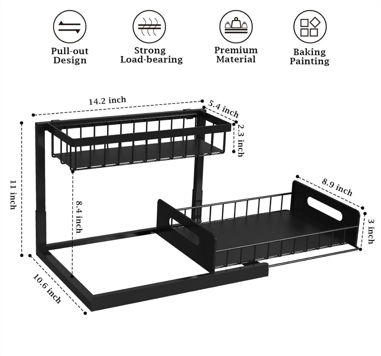 Pull Out 2 Tier Slide Out Sink Shelf, Black,