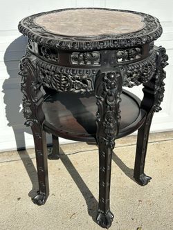 Old Chinese Large Carved Rosewood Marble Top Table