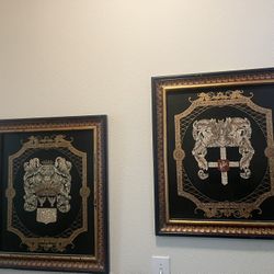 Pair of Vintage European Heraldic Crest Framed Prints – Gold Detail – Traditional Decor