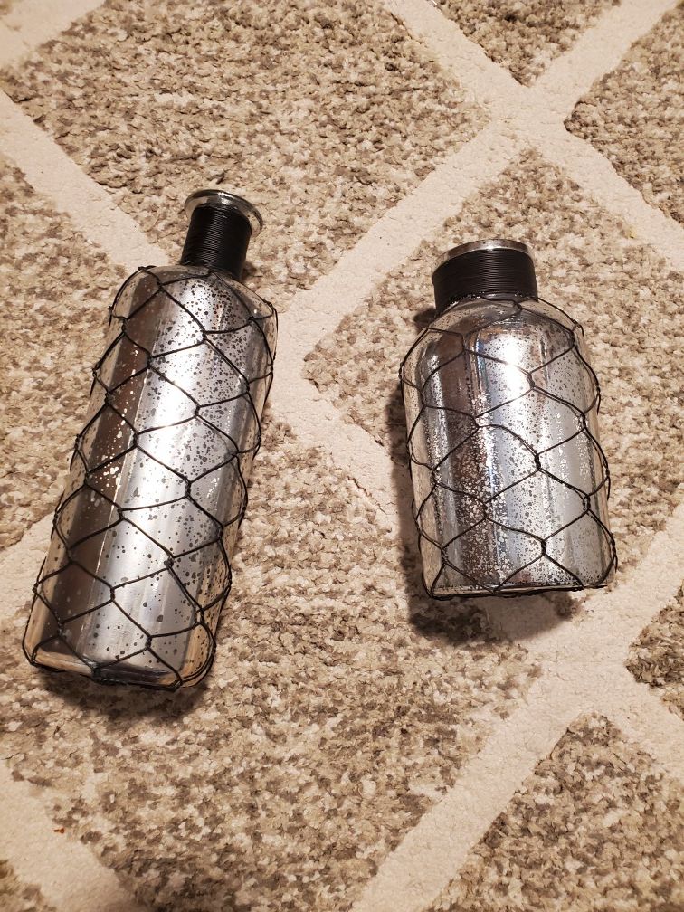 Pier 1. 2 silver and black flecked vases/deco. Original price, $30