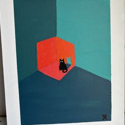 Hand Painted Geometric Black Cat Painting
